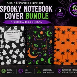 May include: A digital bundle of three 8-hole discbound junior size notebook covers featuring spooky designs. The first cover is black with white ghosts, the second is black with a cat and moon, and the third is orange with black spiders.