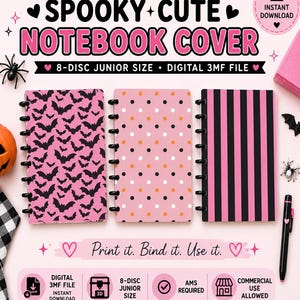 May include: Three 8-disc junior size notebook covers with digital 3MF files. One cover features a pink background with black bats, one has pink, white, and orange polka dots, and one has vertical pink and black stripes. Text includes 3 DESIGNS INCLUDED!