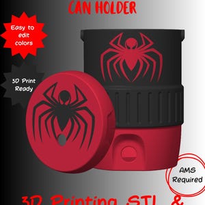 May include: A 12oz standard can holder 3D printing STL and 3MF file set. The design features a black and red spider emblem. Text includes 12oz standard can holder, Easy to edit colours, 3D Print Ready, AMS Required, and 3D Printing STL & 3MF Files.