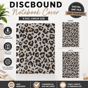 May include: A digital 3MF file for a discbound notebook cover featuring a leopard print pattern in black, brown, and beige. The design is for an 8-disc junior size notebook, showing both front and back views with required AMS printing.