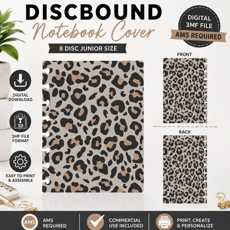 May include: A digital 3MF file for a discbound notebook cover featuring a leopard print pattern in black, brown, and beige. The design is for an 8-disc junior size notebook, showing both front and back views with required AMS printing.