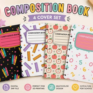 Può includere: Un set di quattro quaderni con copertine diverse: una nera con pastelli colorati, una bianca con righelli, una beige con mele rosse e una bianca con numeri multicolori. Ogni quaderno presenta un'etichetta centrale con la scritta COMPOSITION BOOK.
