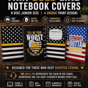 May include: Four 8-disc junior size notebook covers featuring thin gold line designs. The covers display American flag patterns, text including "TELL ME YOUR WORST AND I'LL SEND THE BEST," "COMPOSITION BOOK," and "STRAIGHT OUTTA DISPATCH," plus icons for printing.