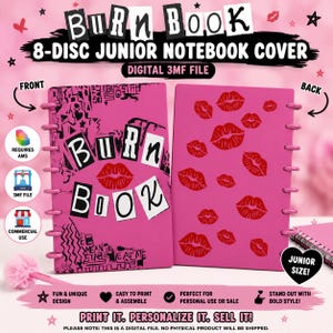 Portada para cuaderno Burn Book, tamaño archivo 3MF/disco Junior, reverso con impresión Kiss (descarga digital)