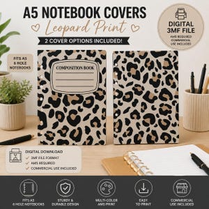 May include: Two A5 notebook covers featuring a tan and black leopard print pattern. One cover includes a rectangular label area with the text COMPOSITION BOOK and four horizontal lines. Both covers have six holes along the left side for binding.