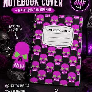 Op de afbeelding: Een 8-gaats discbound notitieboekomslag en een bijpassende blikopener. De omslag heeft een herhalend patroon van paarse schedels met groene oogkassen op een zwarte achtergrond en een wit label met de tekst COMPOSITION BOOK.