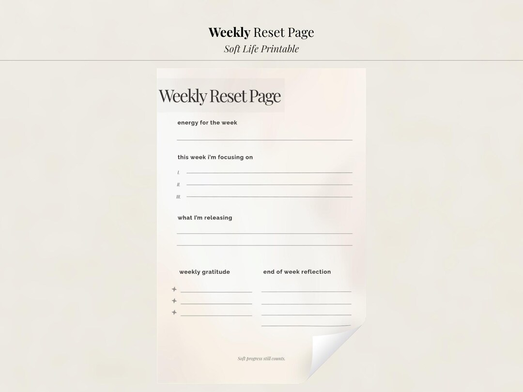 Weekly Reset Page Printable | Soft Life Planner | Reflection Worksheet ...