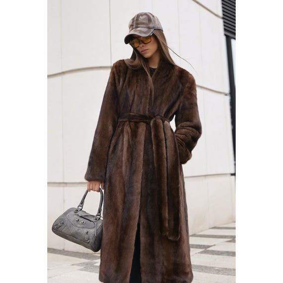Women Real Mink Fur Coat Full Length Brown Mink Coat with Belt  Premium Soft Warm Mink 70s Style Coat Jacket