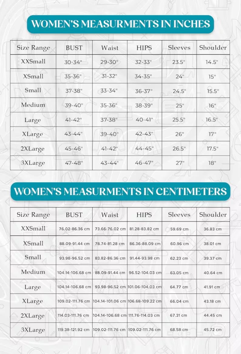 Pode incluir: Uma tabela de tamanhos intitulada WOMEN'S MEASURMENTS IN INCHES e WOMEN'S MEASURMENTS IN CENTIMETERS. A tabela lista faixas de tamanho de XXSmall a 3XLarge com medidas para busto, cintura, quadris, mangas e ombros em polegadas e cent&iacute;metros.