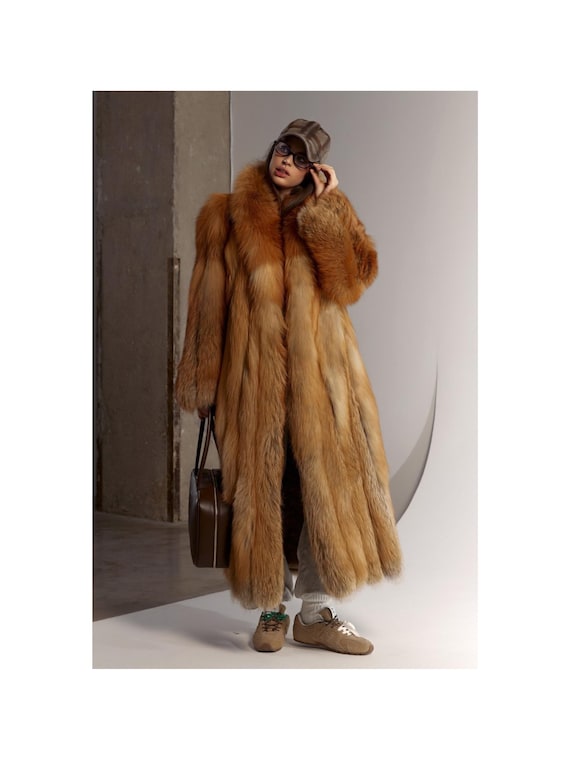 Red Fox Long Fur Coat Natural Real Fur Oversized Style Full Length Coat Jacket - Handmade