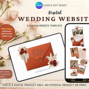 Plantilla de sitio web para boda otoñal, estilo bohemio rústico pampeano, editable en Canva, página de confirmación de asistencia, otoño rústico, terracota, óxido, flores secas, tema vintage.