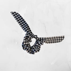 Handmade Plaid Scrunchie with Ribbon Tails | Black & White Hair Tie