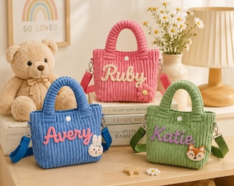 Borsa per bambini con nome ricamato personalizzato, borsa in velluto a coste con nome personalizzato per bambine, borsa a tracolla per bambini, borsa con nome ricamato, borsa per la scuola materna