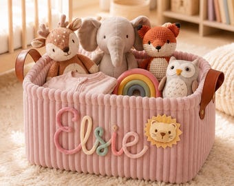 Gepersonaliseerde baby-opbergmand, speelgoedmand met aangepaste naam, opbergbak kinderkamer, opberger kinderkamer, geribbelde pluche mand, kraamcadeau