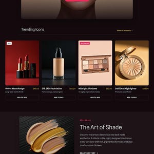 May include: Luxe Beauty website homepage with a woman's face and product displays. Text includes "Redefine Radiance" and "Shop Collection." Trending icons showcase lipstick, foundation, eyeshadow, and highlighter.
