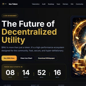 Könnte beinhalten: Website, der Inu-Token, ein dezentrales Dienstprogramm, bewirbt. Die Seite zeigt den Text "The Future of Decentralized Utility" und einen Countdown-Timer. Rechts ist eine Illustration eines Hundes in futuristischer Rüstung.