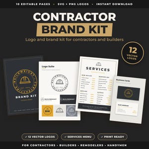 Könnte beinhalten: Ein Marken-Kit für Bauunternehmer mit 10 bearbeitbaren Seiten, 12 Vektor-Logos und Visitenkartenvorlagen. Das Design enthält ein Schutzhelm-Symbol, den Text Buildwright Contracting sowie Dienstleistungslisten in Schwarz, Weiß und Gold.