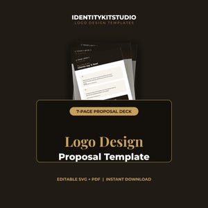 May include: A 7-page proposal deck logo design template featuring a dark brown background with gold and white text. The document includes sections for client testimonials and branding elements. It is labelled as an editable SVG and PDF file.
