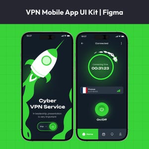 Puede incluir: Dos smartphones que muestran una interfaz de usuario de aplicación móvil VPN. La pantalla izquierda muestra un gráfico de cohete con el texto "Cyber VPN Service". La pantalla derecha muestra el estado de la conexión con un temporizador y una bandera francesa. La interfaz es negra y verde.