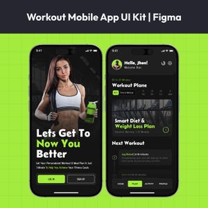 Puede incluir: Dos teléfonos inteligentes que muestran un kit de interfaz de usuario de aplicación móvil de entrenamiento. La interfaz de la aplicación presenta a una mujer sosteniendo una botella de agua y el texto "Lets Get To Now You Better". La segunda pantalla muestra planes de entrenamiento e información dietética.