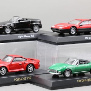 Modelo vintage Kyoaho 1/64 Porsche 959 + Ferrari 512 BB + Alfa Romeo RZ + Fiat Dino Spider (4 coches)