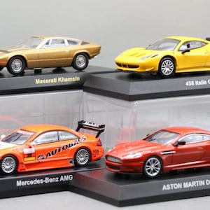 Modelo vintage Kyosho 1/64 Aston Martin DBS Carbon + Ferrari 458 GT2 + Mercedes CLK DTM + Maserati Khamsin (4 coches)