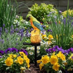 Solar Parrot Outdoor Decor Stake, Flame Effect Bird Lantern, Patio Yard Accent with LED Glow