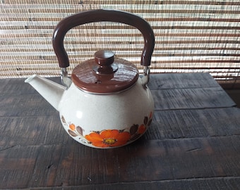 Vintage mid-century Sanko Ware Country Flowers Enamel Tea Kettle