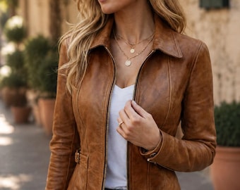 Women’s Tan Leather Jacket, Slim Fit Vintage Sheepskin Coat, Minimalist Luxury Outerwear, Motorcycle & Casual Jacket