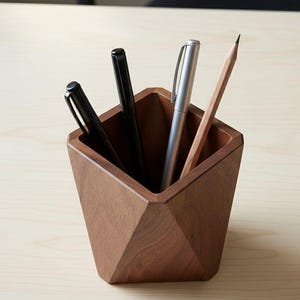 Könnte beinhalten: Ein Stifthalter aus Holz mit geometrischem Design, der einen Bleistift, einen silbernen Stift und zwei schwarze Stifte enthält. Der Halter besteht aus dunkelbraunem Holz und steht auf einer hellen Holzoberfläche.