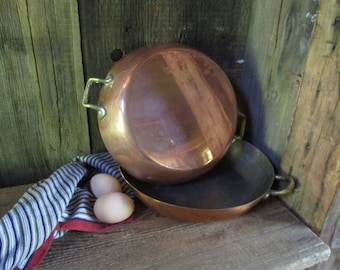 Two handsome vintage mismatched copper gratin pans ~ almost twins ~ up for adoption