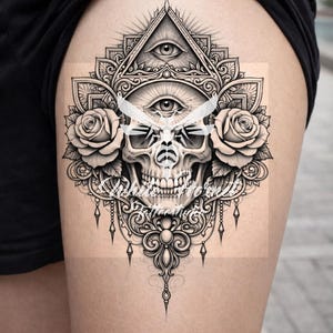 Könnte beinhalten: Schwarz-weiß Tattoo-Design mit einem Totenkopf mit einem Auge in einem Dreieck darüber, umgeben von Rosen und aufwendigen Details. Das Tattoo befindet sich auf dem Oberschenkel einer Person.