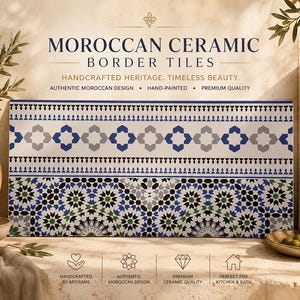 May include: A rectangular ceramic tile featuring a dual-pattern design. The top section displays a blue and gray geometric border, while the bottom section showcases an intricate, multi-colored star-shaped mosaic pattern in blue, green, and gray.