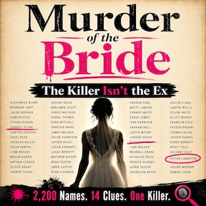 Juego de misterio y asesinato para imprimir, El asesinato de la novia, 2200 sospechosos, Juego de eliminación de nombres, Encuentra al asesino (Descarga digital)