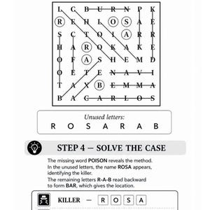 Puede incluir: Un juego de rompecabezas en blanco y negro con instrucciones. La imagen muestra una cuadr&iacute;cula de letras, algunas de ellas circuladas, y los pasos para resolver un caso. El texto incluye "Recopila las letras no utilizadas" y "Resuelve el caso".