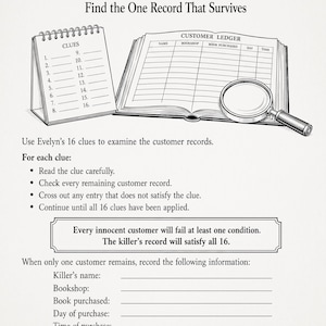 Op de afbeelding: Een zwart-wit mysterie-spelblad getiteld Your Mision Find the One Record That Survives. Het bevat een spiraalgebonden lijst met 16 aanwijzingen, een open klantengrootboek en een vergrootglas. Inclusief instructies en lege regels om in te vullen.