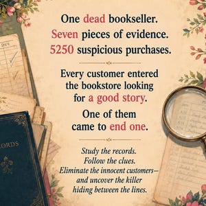 Op de afbeelding: Een grafische afbeelding in vintage-stijl met een vergrootglas, een donkerblauw boek met het label RECORDS en verouderde papieren documenten. De tekst luidt: One dead bookseller. Seven pieces of evidence. 5250 suspicious purchases. Every customer entered the bookstore looking for a good story. One of them came to end one. Study the records. Follow the clues. Eliminate the innocent customers&mdash;and uncover the killer hiding between the lines.