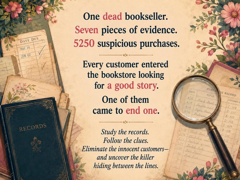 Op de afbeelding: Een grafische afbeelding in vintage-stijl met een vergrootglas, een donkerblauw boek met het label RECORDS en verouderde papieren documenten. De tekst luidt: One dead bookseller. Seven pieces of evidence. 5250 suspicious purchases. Every customer entered the bookstore looking for a good story. One of them came to end one. Study the records. Follow the clues. Eliminate the innocent customers&mdash;and uncover the killer hiding between the lines.