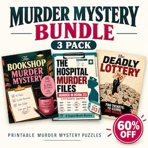 May include: A murder mystery bundle 3 pack featuring three printable puzzle games titled The Bookshop Murder Mystery, The Hospital Murder Files, and The Deadly Lottery, with graphic elements including a clipboard, mug, and tickets.