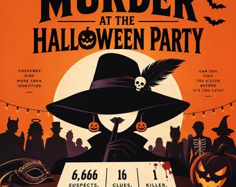 May include: A Murder at the Halloween Party game box cover featuring a central figure in a wide-brimmed black hat with a skull accent, orange pumpkin earrings, and a finger to lips. Text reads: 6,666 suspects, 16 clues, 1 killer, and more.