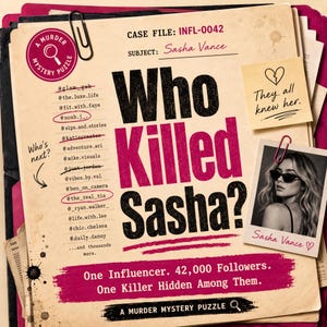 Murder Mystery Name Elimination Puzzle: Who Killed Sasha? One Influencer, 42000 Followers, 1 Killer, Instant Download PDF