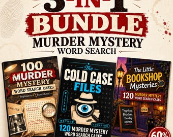 Puede incluir: Un paquete 3 en 1 de libros de sopas de letras sobre misterios de asesinatos. Los títulos son 100 Murder Mystery Word Search Cases, The Cold Case Files con 120 casos y The Little Bookshop Mysteries con 120 casos. Cada portada presenta gráficos temáticos como lupas, sombreros de detective y escenas de librerías.