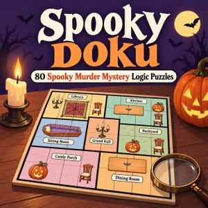 Puede incluir: Un tablero de juego Spooky Doku con 80 Spooky Murder Mystery Logic Puzzles. El tablero muestra habitaciones como Library, Kitchen, Sitting Room, Grand Hall, Backyard, Candy Porch y Dining Room con iconos de calabazas, sillas y velas.