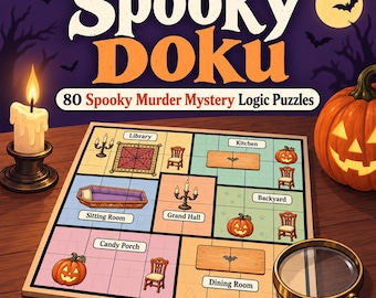 May include: A Spooky Doku game board featuring 80 Spooky Murder Mystery Logic Puzzles. The board displays rooms like Library, Kitchen, Sitting Room, Grand Hall, Backyard, Candy Porch, and Dining Room with icons of pumpkins, chairs, and candles.