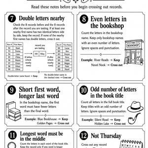 Op de afbeelding: Een zwart-wit instructieblad met een Clue Guide met genummerde regels 7 tot en met 12. De tekst legt logische puzzels uit voor het wegstrepen van records, inclusief voorbeelden voor dubbele letters, even letters, woordlengtes en kalenderdagen.