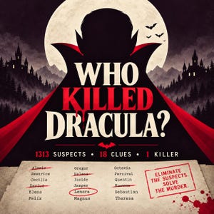 Może przedstawiać: Okładka gry zatytułowana Who Killed Dracula? przedstawia sylwetkę wampira na tle pełni księżyca, listę 18 podejrzanych z przekreślonymi lub zakreślonymi imionami oraz tekst Eliminate the suspects. Solve the murder.