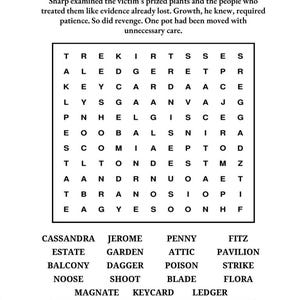 Puede incluir: Un rompecabezas de b&uacute;squeda de palabras titulado "The Greenhouse Gamble" con una lista de palabras debajo. El rompecabezas incluye un p&aacute;rrafo de texto y una secci&oacute;n para completar el asesino, el m&eacute;todo y la ubicaci&oacute;n.