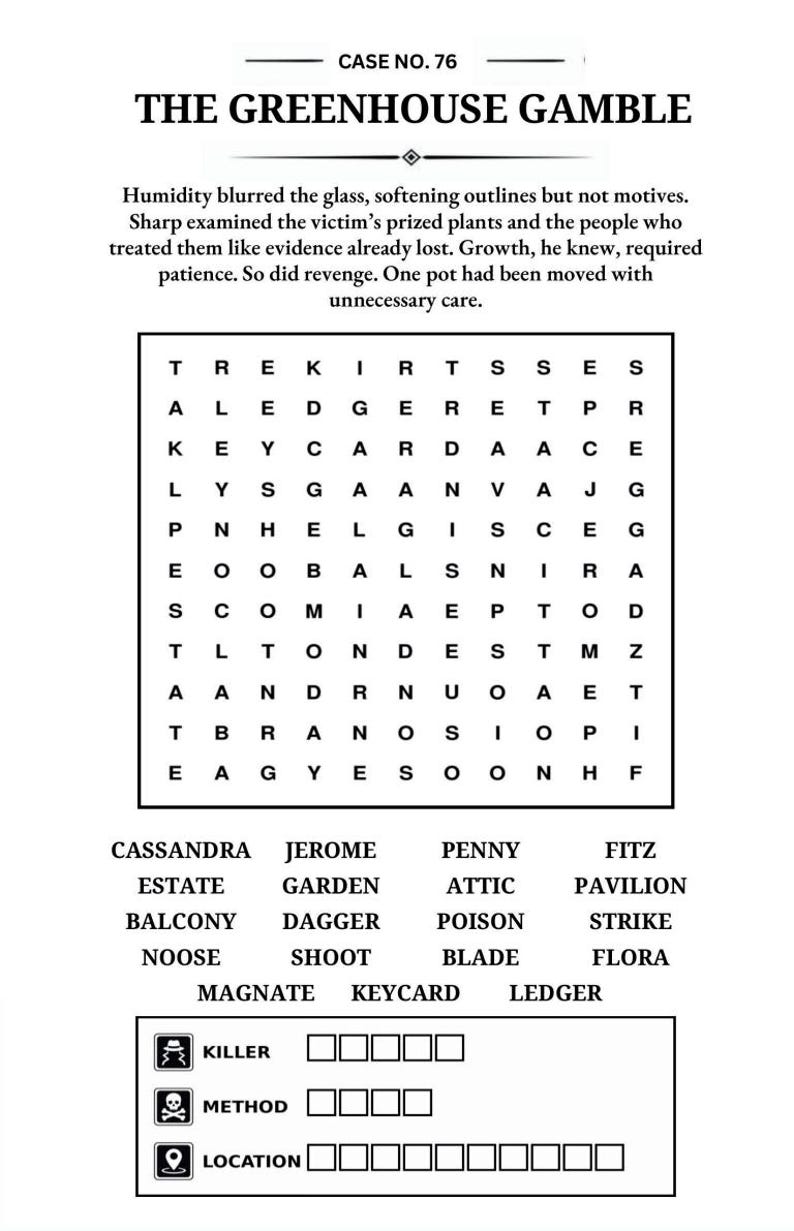 Puede incluir: Un rompecabezas de b&uacute;squeda de palabras titulado "The Greenhouse Gamble" con una lista de palabras debajo. El rompecabezas incluye un p&aacute;rrafo de texto y una secci&oacute;n para completar el asesino, el m&eacute;todo y la ubicaci&oacute;n.