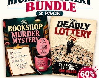 May include: A Murder Mystery Bundle 2 Pack printable PDF set featuring The Bookshop Murder Mystery with a clipboard, pen, and pink mug, and The Deadly Lottery with a hand holding a ticket over a pile of numbered tickets, plus 60% off text.
