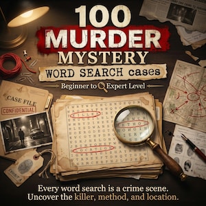 Puede incluir: Una imagen de un libro de búsqueda de palabras con temática de crimen titulado "100 Murder Mystery Word Search Cases". La imagen presenta una lupa sobre una búsqueda de palabras, archivos de casos, mapas y el texto "Every word search is a crime scene."
